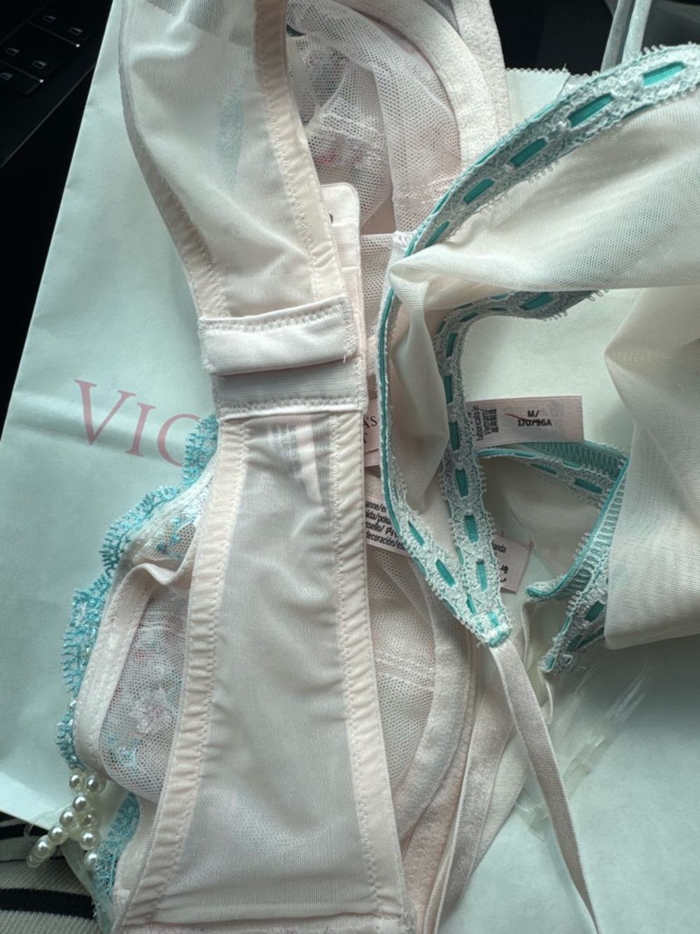 Victoria's Secret Cream Mesh Lingerie with Mint Trim M new - Picture 9 of 9
